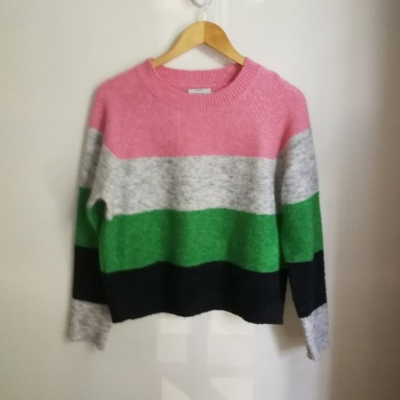 Medium ONLY Oversized Color Block Stripes Wool Crewneck Chunky Knit Sweater - Picture 2 of 12